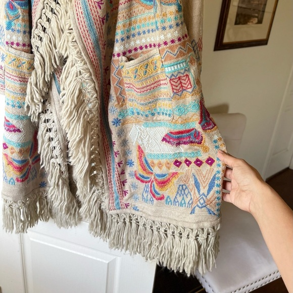 Johnny Was Cyrillus Embroidered Hooded Duster Coat Fringe Boho Truffle XS EUC - Picture 3 of 10